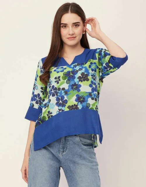 Moomaya Printed Tunic Tops For Women, Quarter Sleeve, High Low Hem Casual Top Tee