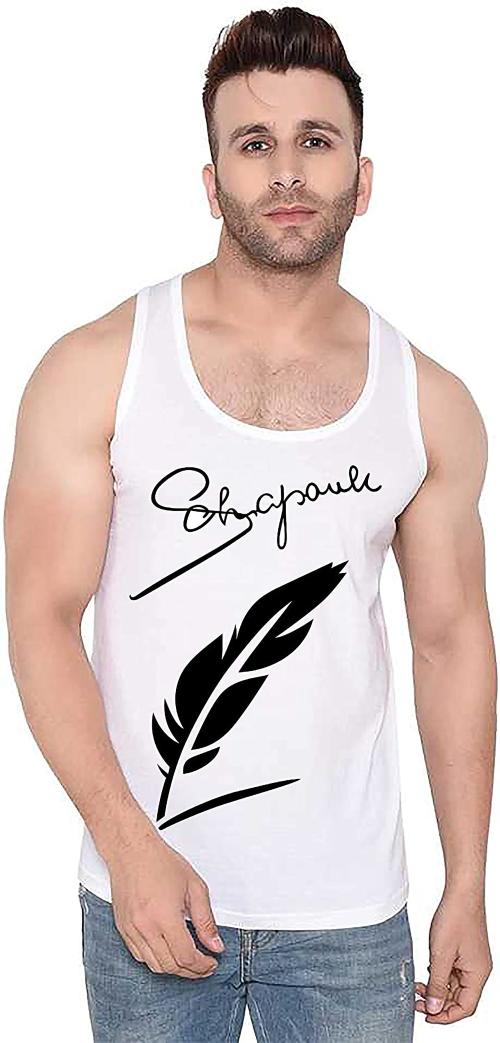 THALASI Mens Sando Stylish Printed Baniyan,ganji- mens sando for gym(White Sando, Large)