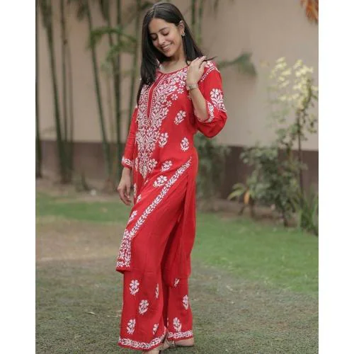 Nxika Women's Reyon cotton Traditional beautiful chikankari Kurta and Palazzo Set (Top plazo -Red_M)