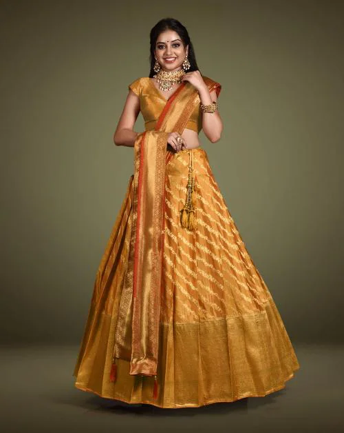 Buy HALFSAREE STUDIO Gold Banarasi Silk Zari Weaving Pattu Half Saree Online at Best Prices in