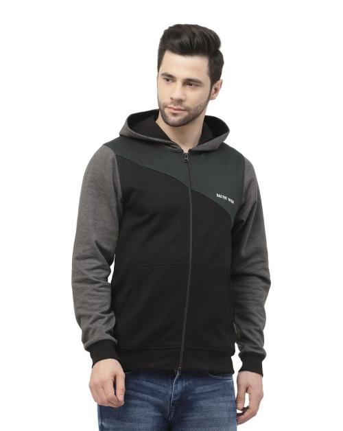 Kalt Men Black Bottle Green Dark Grey Colour Block Fleece Hoodie