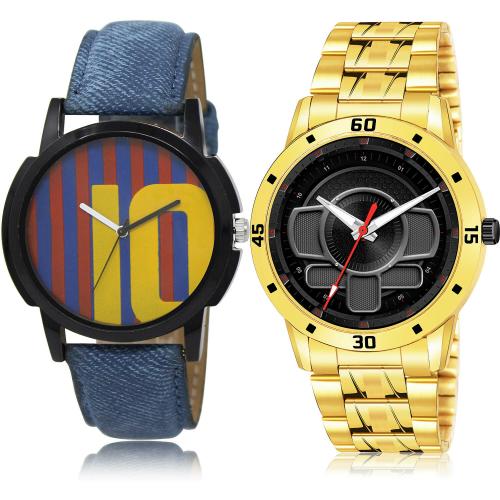 GROOT Contemporary Fashionable Messi Football And Gold Chain Blue And Gold Colour Analog Genuine Leather And Stainless Steel Belt 2 Watch Combo For Boys And Men - BL46.10-(8-S-21)