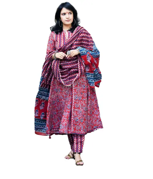 Clickedia Womens Fully Stitched Cotton Printed Anarkali Kurti with Buttons , and Cotton Dupatta with Pants Jaipuri Salwar Suit