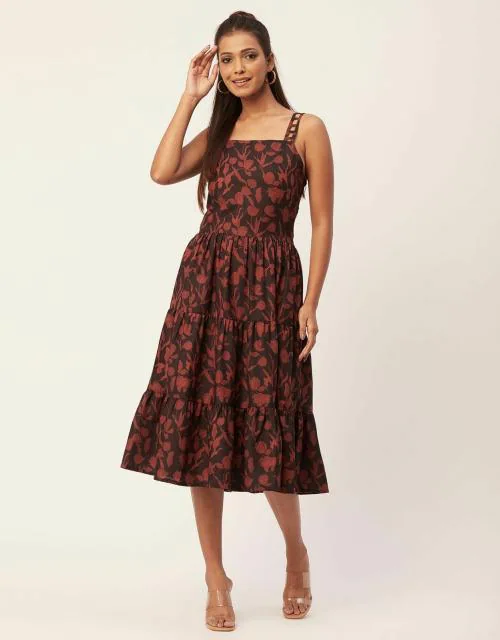 Moomaya Printed Sleeveless Tiered Dress, Strap Dress Summer Midi Rayon Dresses