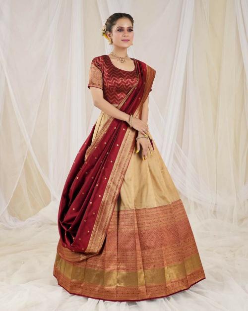 HALFSAREE STUDIO Maroon Banarasi Silk Zari Work Pattu Half Saree
