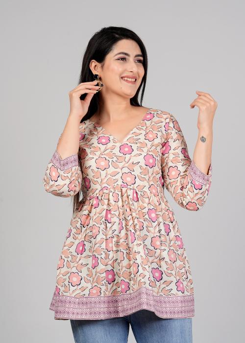 MF ERA Women Gajri Pink Printed Pure Cotton Hip Length Crop Women'S Tops