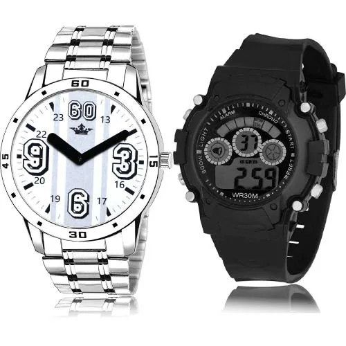 NEUTRON Classical Heart Lionel Messi And Kids Silver And Black Colour Analog And Digital Metal And Plastic Belt 2 Watch Combo For Boys And Men - BL46.111-B1