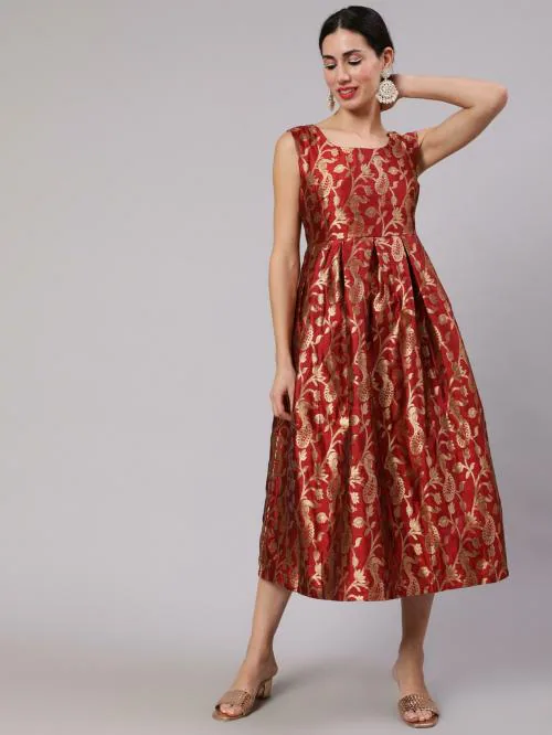 Aks Maroon & Gold Jacquard Zari work Wrap Dress