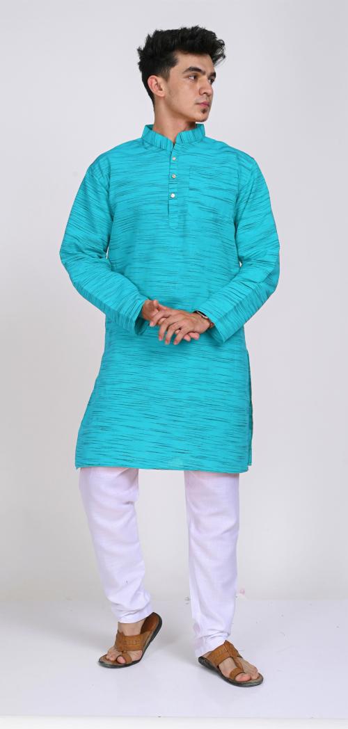 VONIRY Men Cotton Khadi Firozi Kurta Pajama Set-XXL