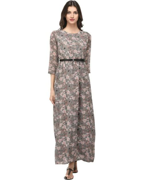 Buy PURYS Women Grey Floral Print Cotton Blend Dress Online at Best