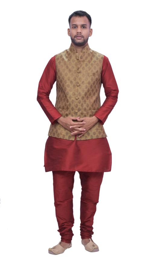 MAG Men's Red Matching Kurta Churidhar with Banarsi Copper Gold Waistcoat