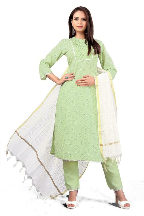 Madhuram Textiles Women Light Green Printed Cotton Kurti Set