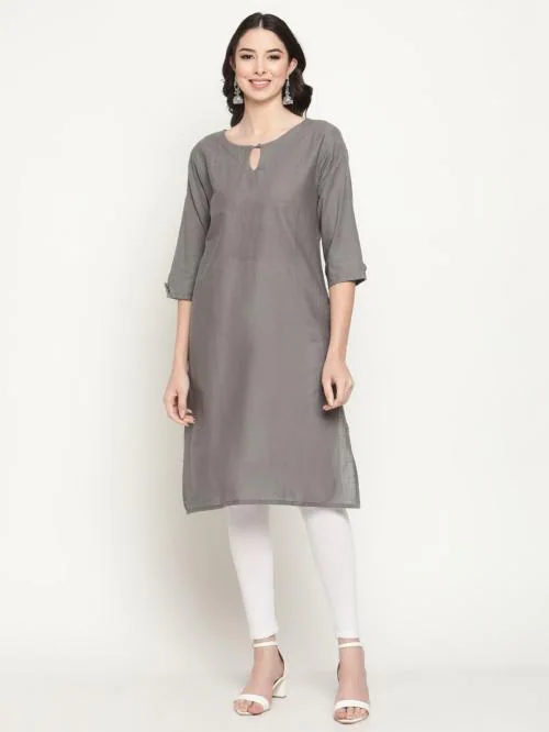Queenley Women's Grey Cotton Straight Knee Length Kurti