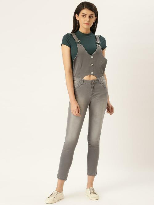 UR SENSE Women Grey Solid Denim Dungaree
