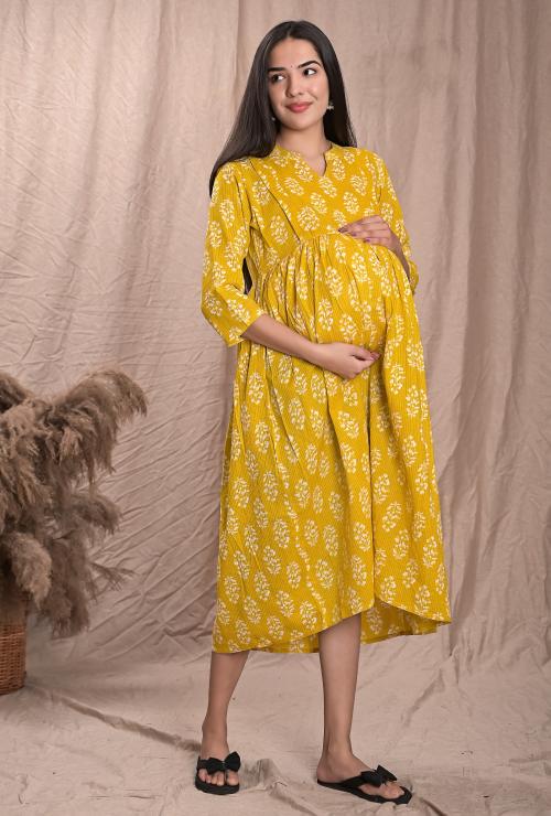 Weavers Saga Women's Maternity Dress Traditional Design Block Print Cotton Nightwear Dress Cotton Maternity Gown Nursing Long Nighty (Yellow)-XXL