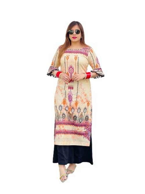 Lakhina Couture Women Cream Printed Cotton Rayon Blend Straight Kurti