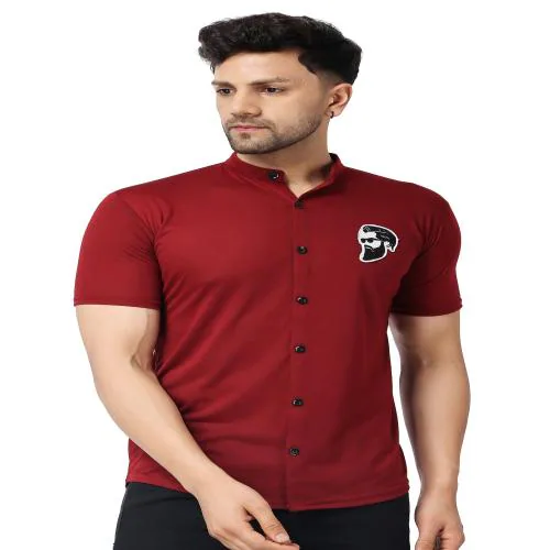 Lawful Casual Men Maroon Solid Cotton Blend Mandarin Collar Shirt (Pack of 1)_XL
