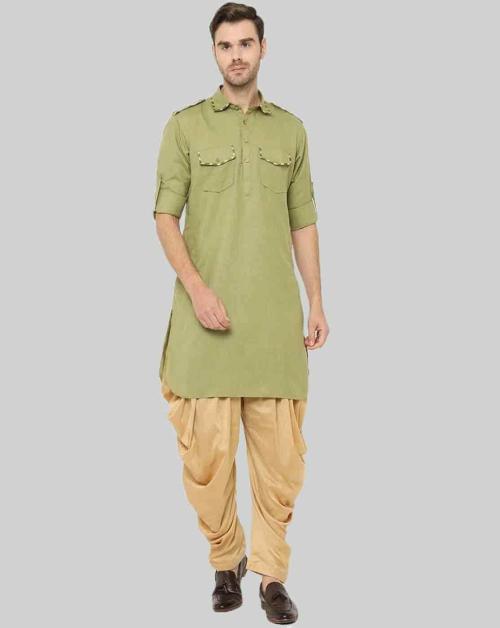 Chitwan Mohan Men Green and Beige  Solid Cotton Blend Kurta Set