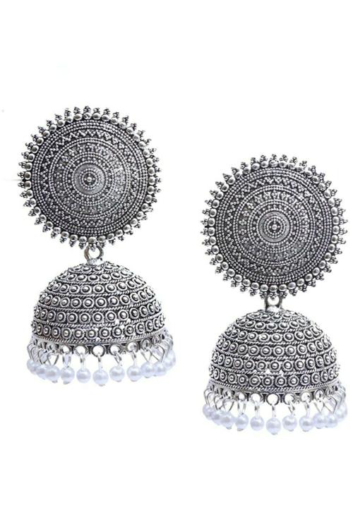 Myjewel Brass Traditional Silver White Pearls Drop Dome Shape Jhumka Earrings