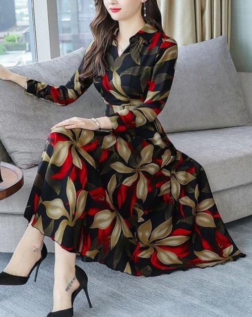 Vivient Women Crepe Yellow Floral Printed Black Collor Dress For Party Wear|Multicolor|Size : Medium.