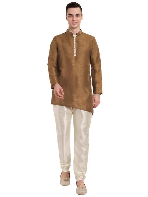 SKAVIJ Men Art Silk Cross Cut Ethnic Kurta Pajama Indian Clothing Traditional Suit Dress Set (Medium, Brown)