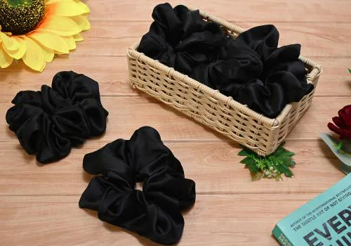 Diversa Satin Silky Scrunchy Bands Ponytail Hair Ties Rubber Bands Solid Siky Large Scrucnhies for Girls and Women (Size - Large, Black, Pack of 6 Pcs)