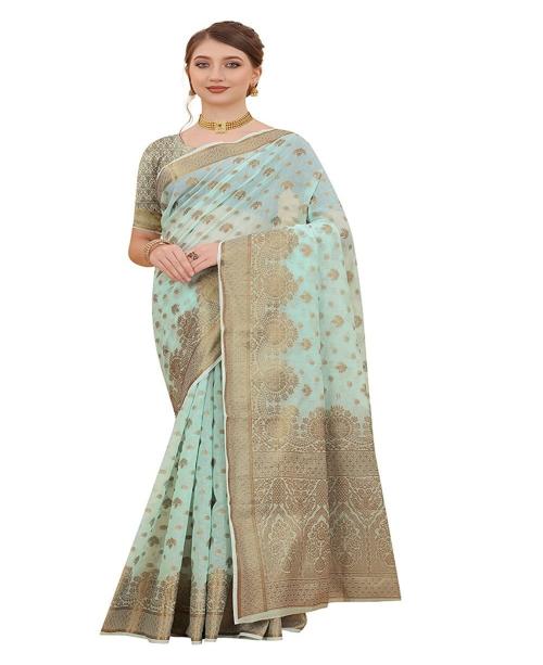 MARGI DESIGNERS Women Sky Blue Copper Zari Butta Soft Cotton Silk Banarasi Saree with Blouse Piece