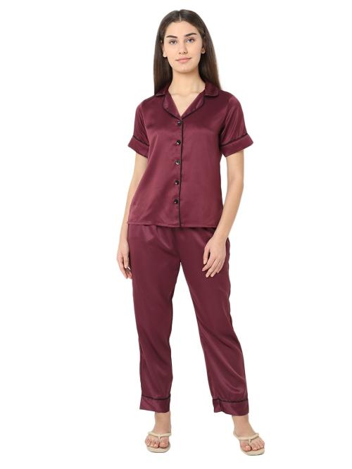 Smarty Pants women's silk satin wine color night suit.