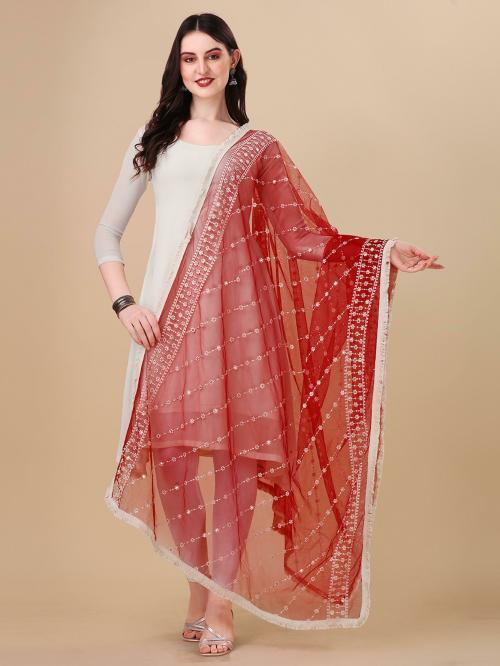 NIMIDIYA Women Rose Red Embroidered Net Dupatta (Free Size)
