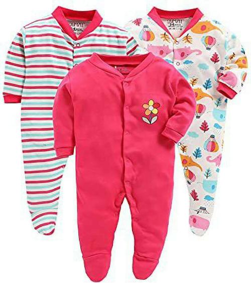 MM IMPEX Baby Boys and Girls Pink Printed Cotton Silk Pack of 3 Romper 12-18 MONTHS| Rompers |Sleepsuits | Jumpsuit |Body suits