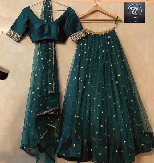 Zaqe Zone Women Green Self Design Net Lehenga Choli