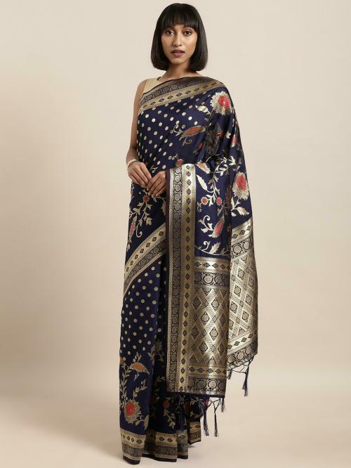 Sainoor Women Free Size Blue Woven Design Silk Blend Banarasi Saree