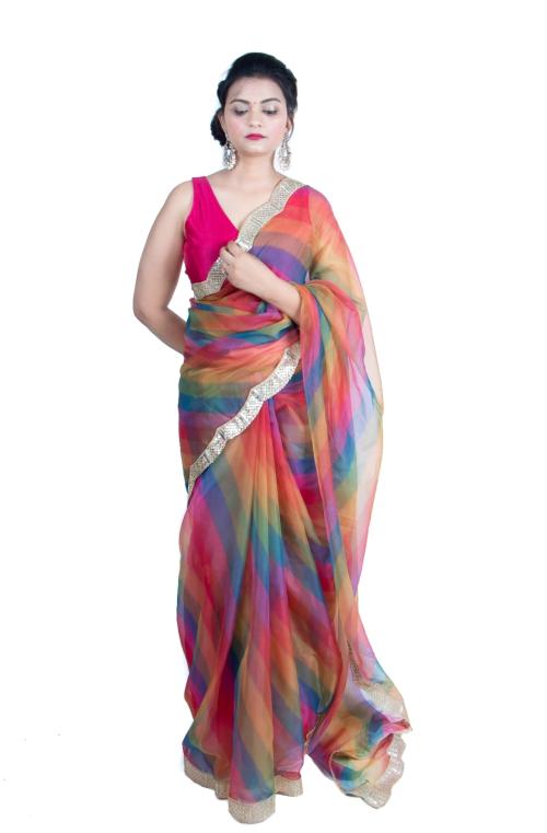 Wardrobe luxury by shreya women's multicolour rainbow organza leheriya saree