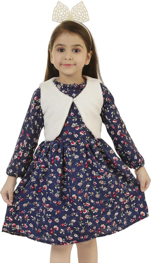 ZIORA Indi Girls Below Knee Casual Dress (Blue, Full Sleeve)