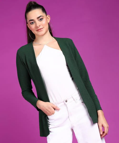 Popwings Women Casual Dark Green Solid Open Long Shrug | Trendy Shrug | Stylish Shrug | New Design Shrug