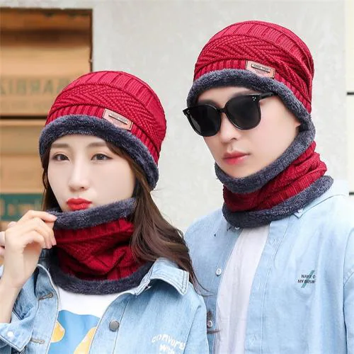 Eastern Club Woolen Winter Wear Cap with Neck Muffler Set for Men Women Beanie Hat with Thick Fleece Lined, Winter Cold Weather Combo Set Pack 2