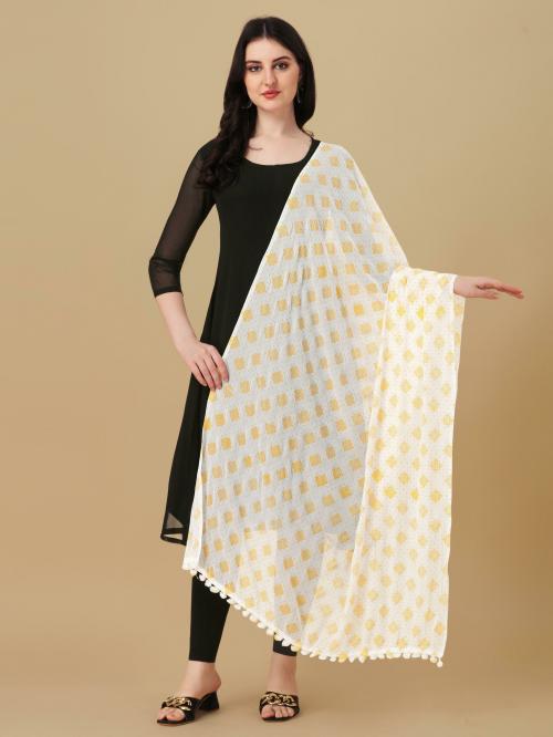 NIMIDIYA Women Light Orange, White Floral Print Chiffon Dupatta (Free Size)