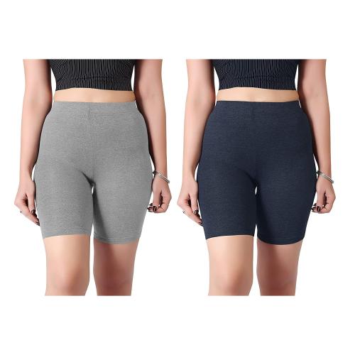 Women Worth Girls Cycling Shorts Cotton Combo Pack of 2(Light Grey&Navy Blue)|4 Way Stracheble Ladies Knee Length Tight Fit Under Skirts Sport Gym Yoga Running Regular Non Padded