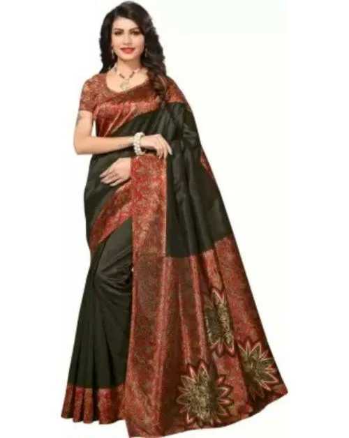 SAADHVI Women's Black Kalamkari Art Silk Printed Saree With Blouse(FL-SAFINA BLACK_VK, Free Size)