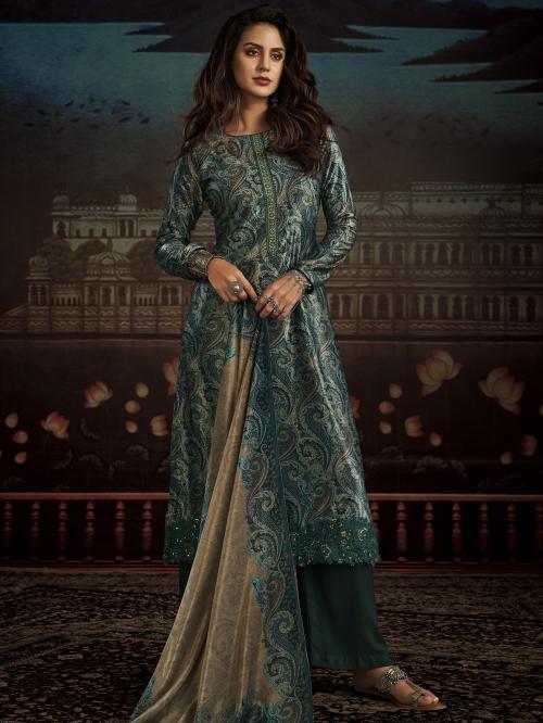 Stylee Lifestyle Teal Velvet Digital Printed Dress Material