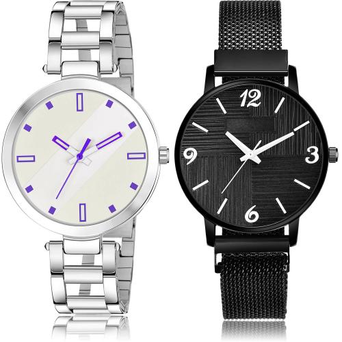 NEUTRON Best Gift Simple Chain And Magnet Chain Silver And Black Colour Analog Metal Belt 2 Watch Combo For Women And Girls - GM239-GM225