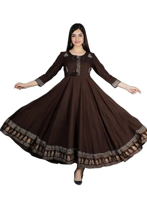 Hustiger Women's Rayon Embroidery Gown (Brown-XL)