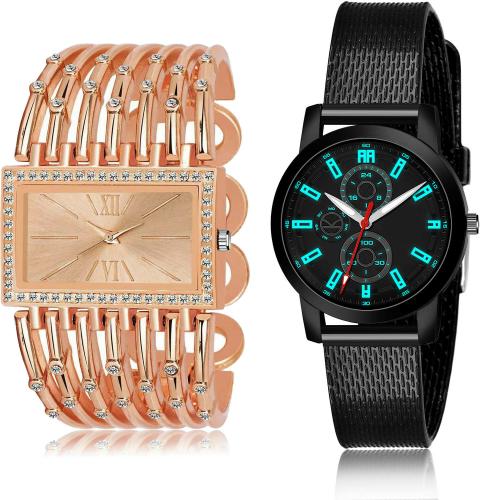NIKOLA Modern Exclusive Chain Bracelet Diamond Rose Gold And Black Colour Analog Metal And Plastic Belt 2 Watch Combo For Women And Girls - G585-(63-L-10)