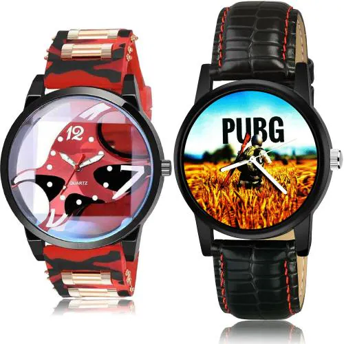 NEUTRON Treading Love Sports And Pubg Military Army Red And Black Colour Analog Resin And Genuine Leather Belt 2 Watch Combo For Boys And Men - BC61-B476