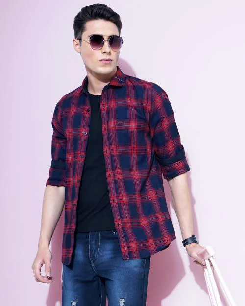 CAMISA Men's Cotton Blend Checks Shirt