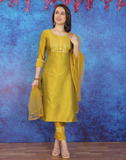 Skylee Women's Yellow Color Poly Silk Kurta Set with Dupatta