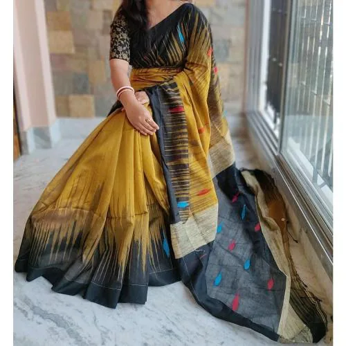 Grubstaker Yellow Myswore Silk Kalamkari Saree