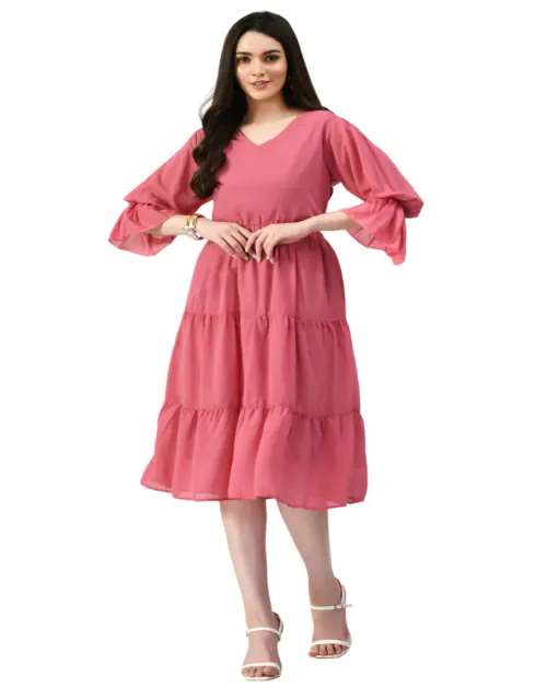 Altiven Western Dresses 3/4 Sleeve for Women V Neck Pink Color Knee Length Dress Casual Wear Streetwear Dresses