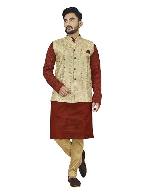 Amzira Men Red Cotton Silk Kurta Pajama with Nehru Jacket set - S