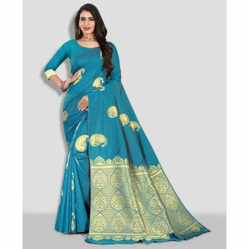 RIVANA Women Blue Woven Pure Silk Tanchoi Silk Saree